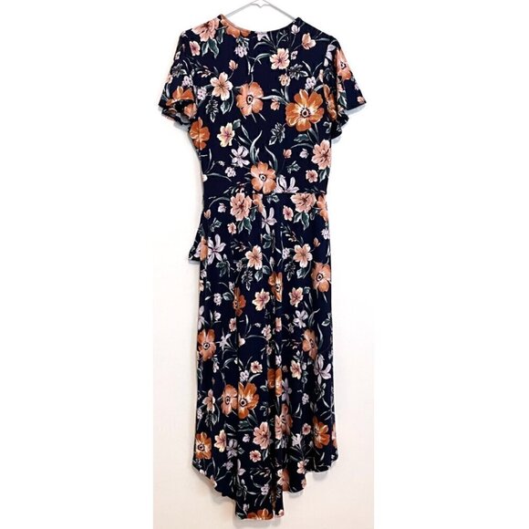 BY & BY / BY&BY Navy Blue Floral Print High Low Hi-Lo Midi Maxi Faux Wrap Dress - Picture 12 of 16